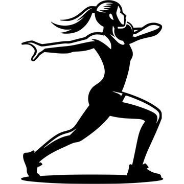 Sport emblem of girl athlete puts shot put in monochrome. Engraving minimalistic vector in black ink drawing on transparent background