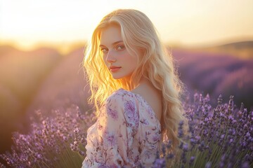 Blonde Woman with Soft Waves in a Floral Dress. Erie Lake Background