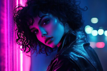 Woman with Dark Curls and a Leather Jacke. Erie Lake Background