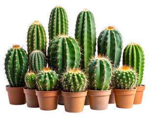 Side View of Grouped Green Cacti with Varied Shapes Against Dark Backdrop, Isolated PNG