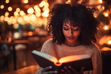 Woman with Dark Skin and Curly Hair Reading a Book in a Cozy Cafe. Erie Lake Background