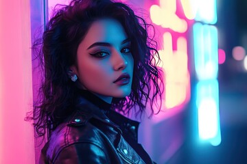 Woman with Dark Curly Hair in a Leather Jacke. Erie Lake Background