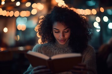 Woman Enjoying a Novel in a Quaint Café. Erie Lake Background