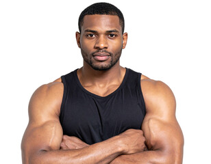  Confident Muscular Man in Black Sleeveless Shirt with Arms Crossed, Direct Gaze, Isolated on Transparent Background PNG
