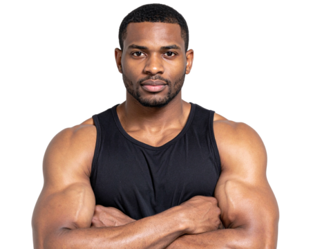  Confident Muscular Man in Black Sleeveless Shirt with Arms Crossed, Direct Gaze, Isolated on Transparent Background PNG