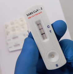 Rapid test kit for SARS CoV-2 Omicron subvariant LF.7, XFG, JN-1, NB 1.8.1 'Centaurus' virus mutation test at medical laboratory.