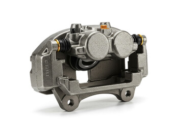 Naklejka premium Close up shot of a gray car brake caliper with visible mounting points and rubber seals on a white background