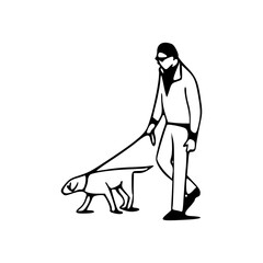 simple line art: man leading a dog