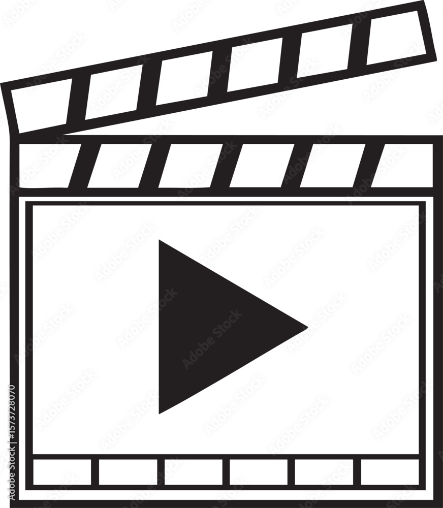 Poster black and white movie clapperboard with play button icon isolated on transparent background
