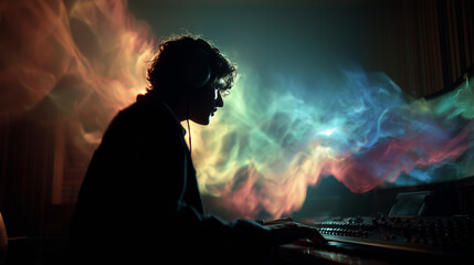 Silhouette of a musician playing a keyboard with colorful smoke in the background indoors scene