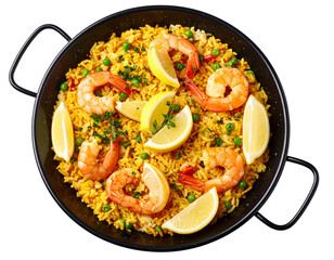  Top-Down Closeup of Shrimp Paella with Lemon Wedges in Black Pan, Transparent PNG