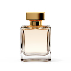 A perfume bottle with a gold cap and a clear glass body.