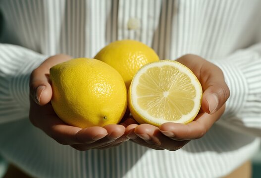 Close-up hands holding whole and sliced lemons against subtle striped background, natural light food photography with soft highlights