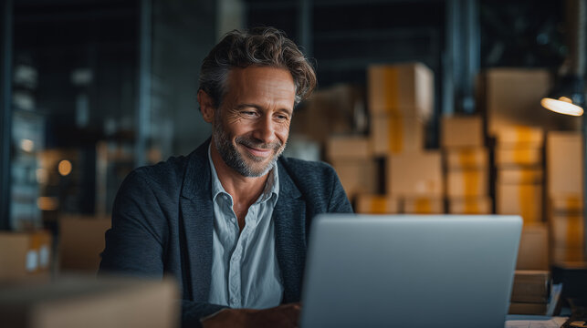 Man smiling while using a laptop in a warehouse surrounded by cardboard boxes looking at screen