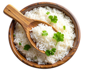 Top-Down Closeup of White Rice Bowl Garnished with Fresh Herbs and Wooden Spoon, Transparent PNG