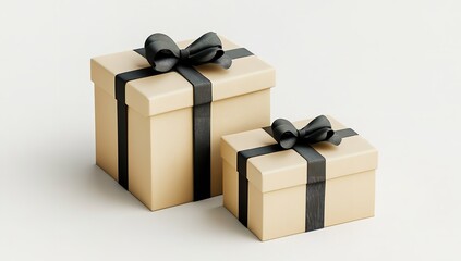 Obraz premium 3D Rendering of Two Gift Boxes with Beige and Black Ribbons, Close-Up Mockup on White Background