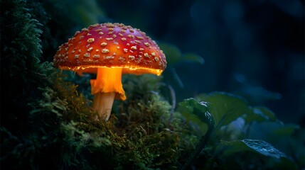 Glowing Red Mushroom in Forest, Fairy Tale Magic, Autumn Woodland Fungi