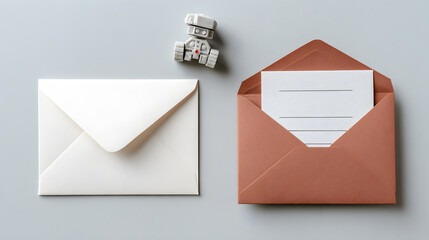 Envelopes: An open envelope reveals a letter, with another sealed envelope and a small object, arranged on a gray surface