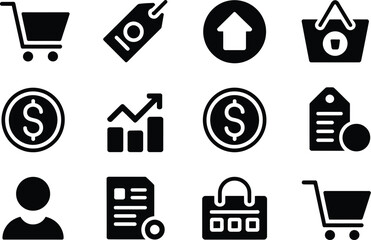 A collection of twelve black and white e commerce and business icons set up