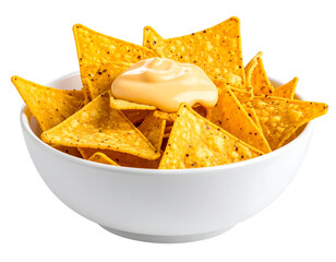  Crispy Nachos with Gooey Melted Cheese Dip in White Bowl, Isolated on Transparent Background PNG
