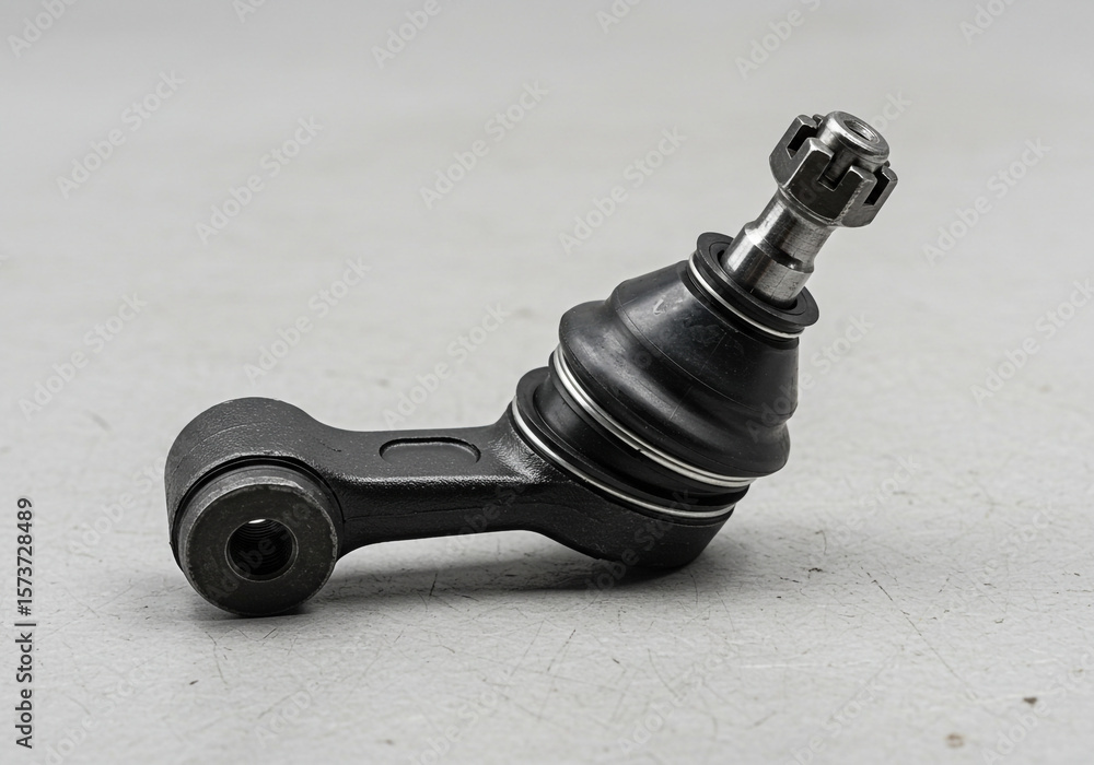 Poster a close up shot of a ball joint showing its rubber boot and grease fitting on a gray surface