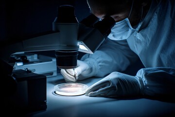 Microscopic Research on Bacterial Cultures Laboratory Scientific Study Dark Environment Close-up View