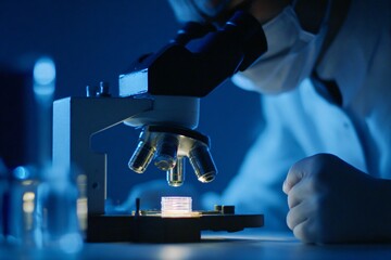 Scientific Research in a Lab Microscope Examination of Samples Dark Environment Close-Up View