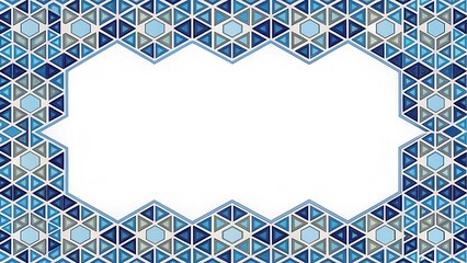 Obraz premium Geometric border frame with repeating patterns of interlocking hexagons and triangles in various shades of blue and white colors