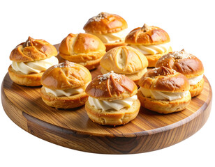 Top-Down Flatlay of Mixed Cream Pastries on Wooden Platter, Isolated PNG