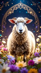 A fluffy white sheep stands amidst a vibrant flower field, bathed in a soft, magical light.  A golden, ornate frame surrounds the scene