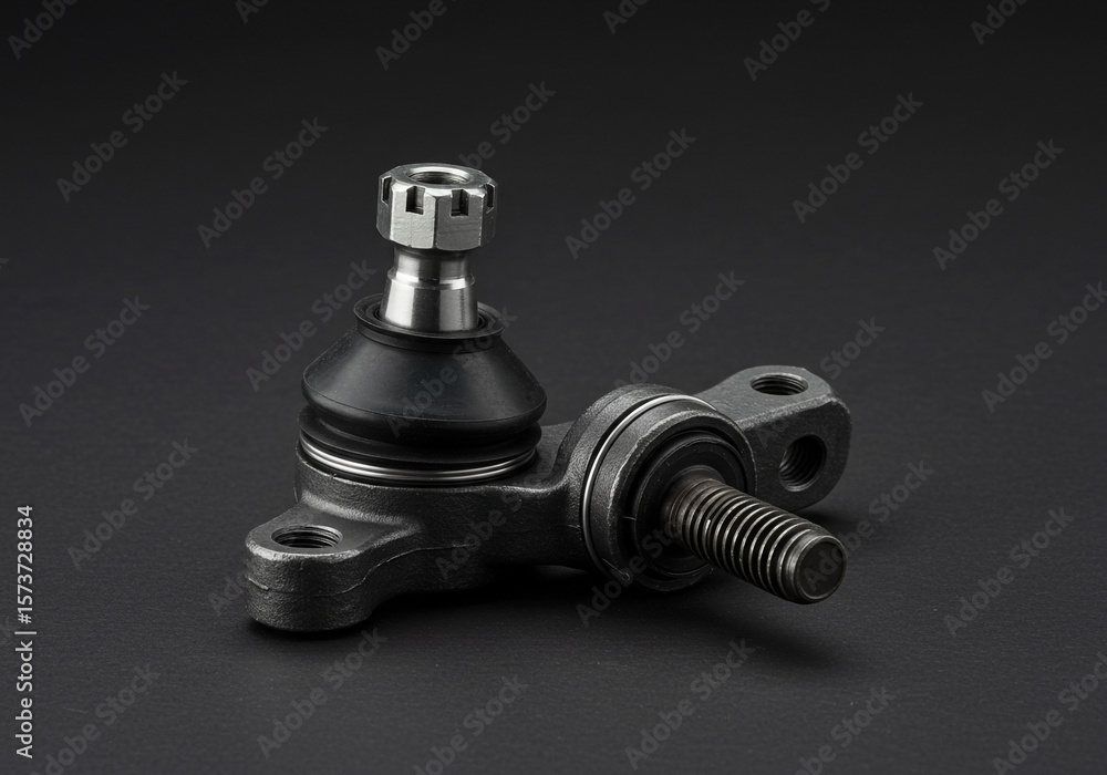 Poster close up view of a ball joint with a nut on top on a dark background in a studio setting for product