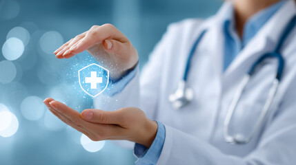 Doctor presenting a shield with a cross symbol in their hands with a stethoscope around the neck