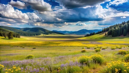 Serene valley landscape with wildflowers and clouds at Valles Caldera National Preserve