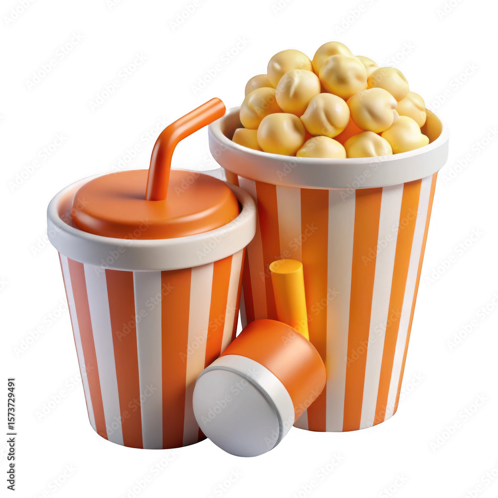 Poster 3d popcorn and drink combo with straw isolated on transparent background
