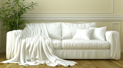 Serene Interior Depicting a Comfortable White Sofa with Minimalist Green Plant Backdrop