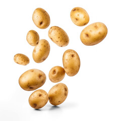 A group of potatoes floating in the air against a transparent background