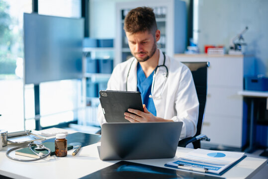 Medicine doctor touching electronic medical record on tablet. DNA. Digital healthcare and net work