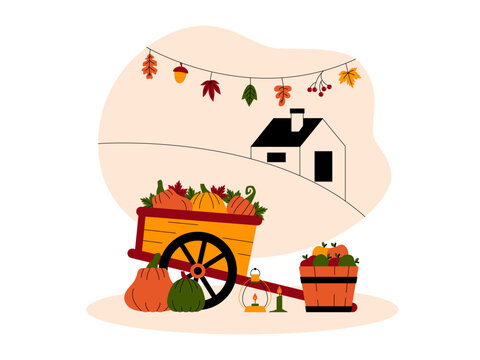 Harvesting pumpkins placed on wooden cart and apples in wooden bucket while chilling music. Fall season illustration. Autumn vector flat illustration.