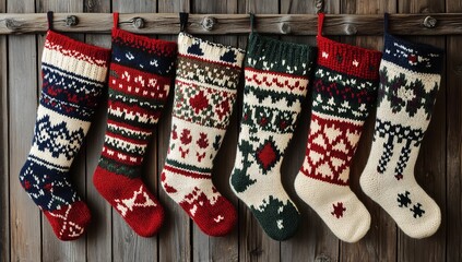 Colorful Southwestern Style Knitted Christmas Stockings Featuring Geometric and Tribal Motifs on Rustic Wood