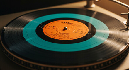 Vinyl Record on a Turntable: A close-up shot of a vinyl record spinning on a vintage turntable, capturing the essence of analog music and the nostalgia of classic listening.