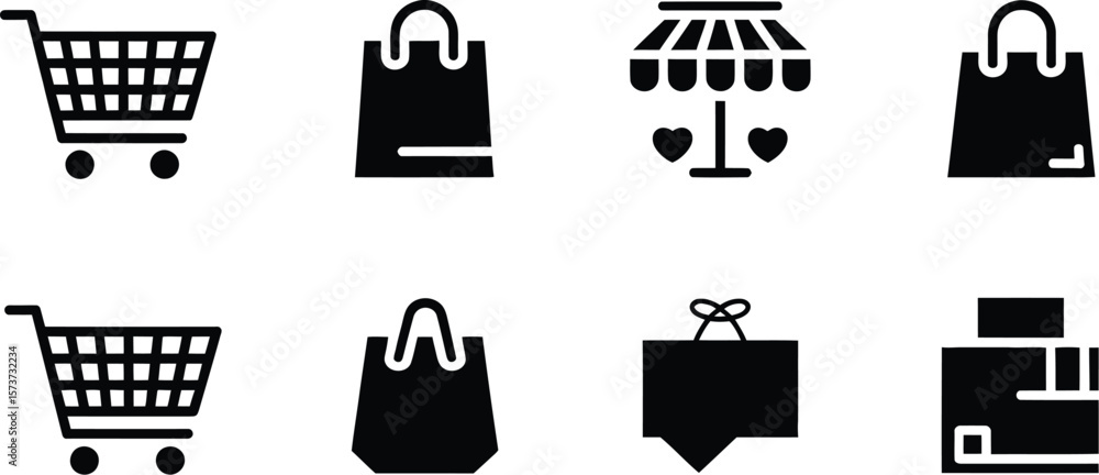 Poster a set of eight black icons representing shopping related objects on white
