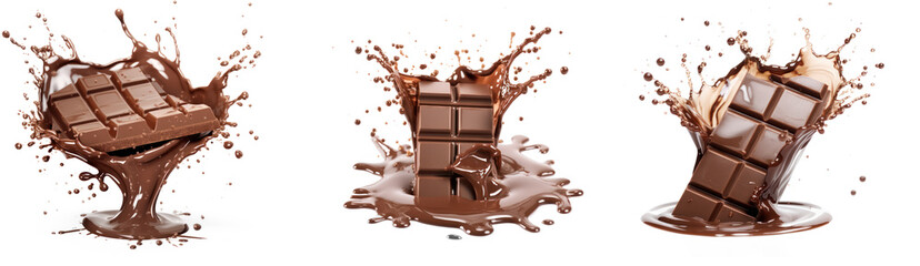 Three chocolate bars splashing in a liquid chocolate background.