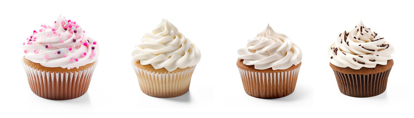 Four cupcakes with different toppings on a transparent background