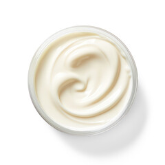 A bowl of creamy white yogurt with a swirl pattern in the center.