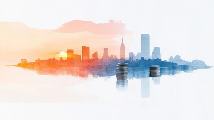 Obraz premium A stunning silhouette of a city skyline at sunset with vibrant orange and blue hues reflecting on the water.