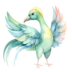 Watercolor Bird: An artistic watercolor illustration of a vibrant bird with colorful plumage, poised in a dynamic pose against a clean backdrop, evoking a sense of wonder and artistic beauty.