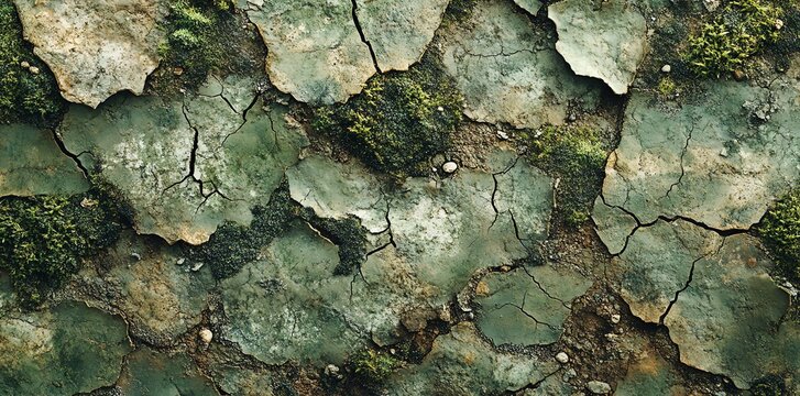 Close Up of Cracked Earth with Green Moss and Lichen Texture