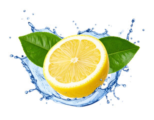  Lemon Slice with Dynamic Juice Splash and Fresh Green Leaves, Isolated on Transparent Background PNG