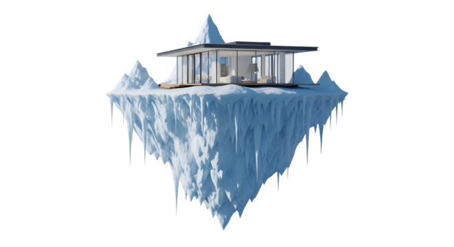 Modern arctic house design on iceberg floating in ocean winter landscape architecture rendering concept on transparent background