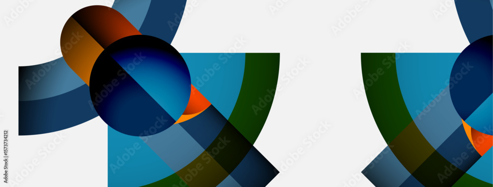 Poster abstract composition featuring overlapping colorful shapes. circles, curves, lines create dynamic vi